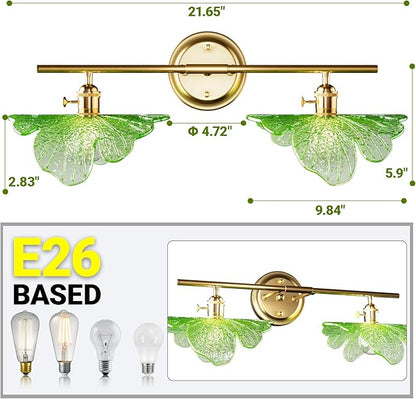 2 Light Vintage Wall Sconces with Glass Shades,Vanity Light,Bathroom Light,Wall Lighting Fixture for Mirror,Home Decor Art Wall Light (Golden+Green, 2-Lights)