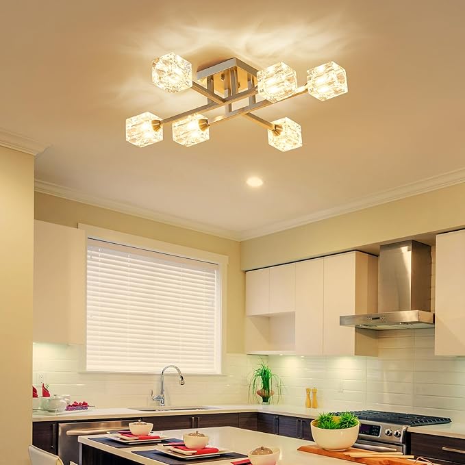 XINGQI Brushed Nickel Ceiling Light Fixture 6-Light Modern Sputnik Chandelier Semi Flush Mount Ceiling Lights for Bedroom Dining Room Living Room Entryway