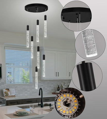 Modern High Ceiling Crystal Chandelier 7-Lights, Spiral LED Raindrop Foyer Pendant Lighting, Bubble Staircase Living Room Hanging Light Fixture Flush Mount Black