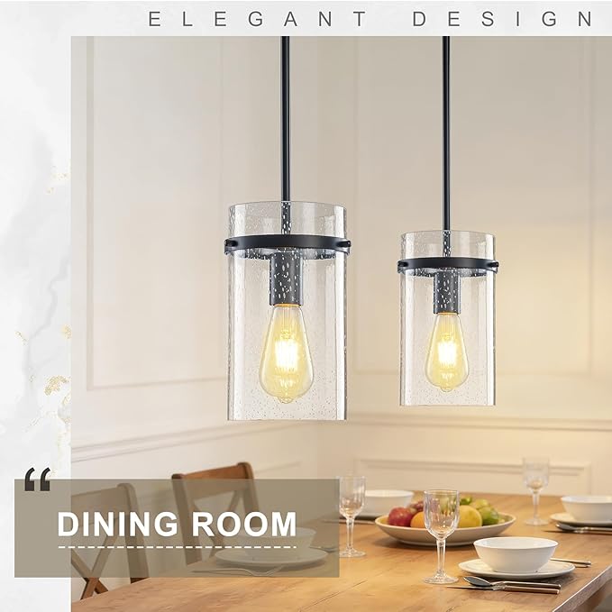 1 Pack Seeded Glass Pendant Lights Kitchen Island, 5.5" Hanging Farmhouse Pendant Light Fixtures, Black Pendant Lighting Island Lights for Kitchen Over Sink Entryway Hallway