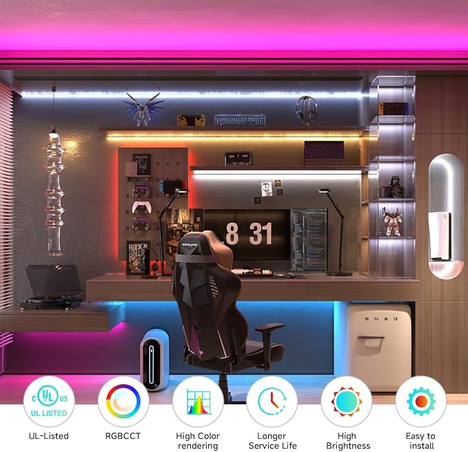 BTF-LIGHTING RGBCCT 5 Colors in 1 LED 5050SMD RGBWW RGB+Dimmable Tunable Color Temperature 2700K-6500K UL Listed 16.4ft 96LED/m 480LED DC12V Multi-Colored IP65 for Decoration(No Adapter or Controller)