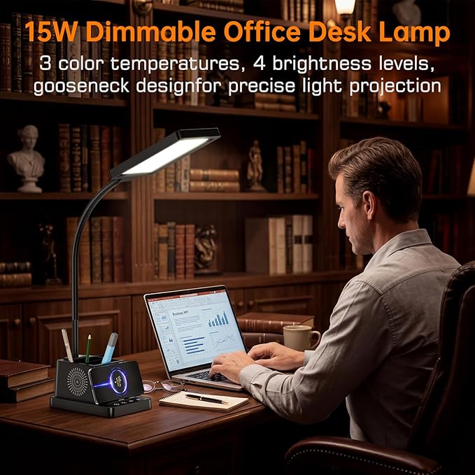 cozoo LED Desk Lamp for Home Office, 15W Bright Desk Light with Wireless Charger Pen Holder, Gooseneck Small Table Lamp for Bedroom, Study, Reading, Work, Task, Craft, College Dorm Room Accessories