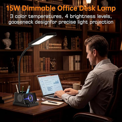 cozoo LED Desk Lamp for Home Office, 15W Bright Desk Light with Wireless Charger Pen Holder, Gooseneck Small Table Lamp for Bedroom, Study, Reading, Work, Task, Craft, College Dorm Room Accessories