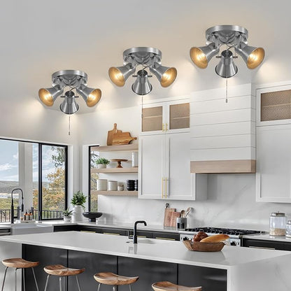 3-Light Ceiling Lights with Pull Chain, Adjustable Round Kitchen Ceiling Light, Morden Nickel Flush Mount Directional Track Light for Kitchen, Hallway, Dining Room, Bathroom, Coffee Bar