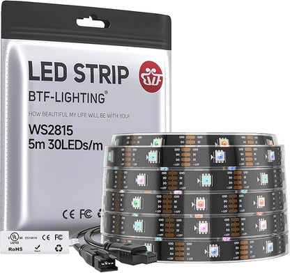 BTF-LIGHTING WS2815 (Upgraded WS2812B) LED Strip Light,UL Listed,16.4FT 150 LED/Pixels,Flexible Chasing RGB,Dual Signal Individually Addressable,5050SMD,DC12V IP67(No Adapter or Controller)