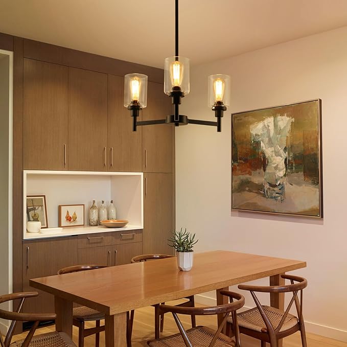 LIGHTDAMY 3 Lights Black Chandeliers for Dining Room Light Fixture Over Table, Entryway Chandelier for Foyer, Hallway Lighting Fixtures with Glass Shade for Dining Room Kitchen Island Foyer Hallway