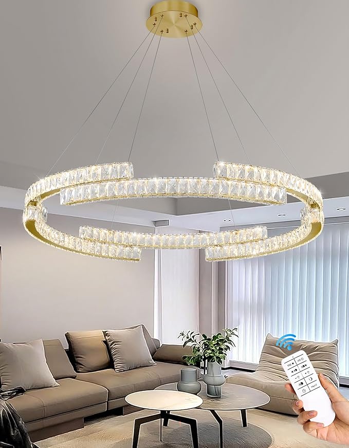 D47.5'' Gold Modern Crystal Ring Chandeliers for Living Room Dinning Room Crystal Pendant Light Dimmable 3000k-6000k