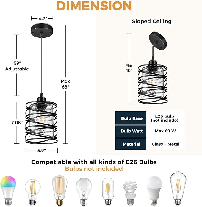 Pendant Lights 3 Pack Kitchen Lights with Bubble Seeded Glass Island Lights Black Hanging Light for Kitchen, Dining Room, Bathroom, Entryway, Restaurant