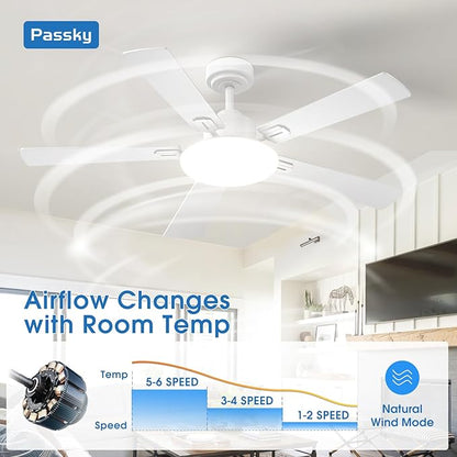 Passky Ceiling Fans with Lights, 52 inch Sleek Ceiling Fan with Light and Remote Control, 3CCT, Dimmable, Reversible, Noiseless, White Ceiling Fan for Bedroom, Living Room