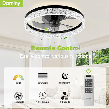 DAMINY 20inch White Ceiling Fans with Lights and Remote, 6CCT, Dimmable Smart Low Profile Ceiling Fan with Light, 6 Speeds Flush Mount Modern Bladeless Ceiling Fan for Bedroom