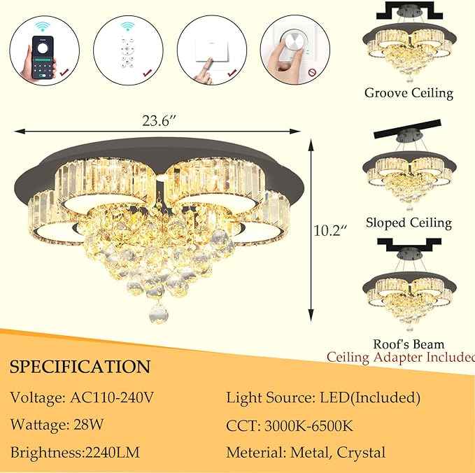 23.6" Black Modern Crystal Chandeliers for Dining Room LED Dimmable Light Fixtures Flush Mount Light Living Room Bedrooms