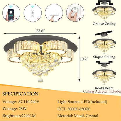 23.6" Black Modern Crystal Chandeliers for Dining Room LED Dimmable Light Fixtures Flush Mount Light Living Room Bedrooms