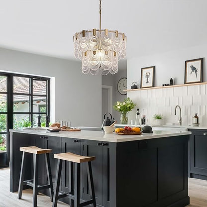 Crystal Glass Chandelier,Gold Glass Kitchen Island Lights,9-Light Dining Room Hanging Pendant Light Fixture for Living Room, Bedroom,Foyer, Bathroom,Entryway, Brass Finish, D24 xH25