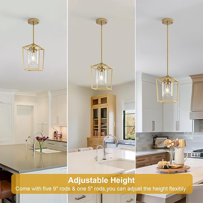 3 Pack Gold Pendant Lights, Modern Farmhouse Kitchen Pendant Lighting Over Island, Metal Cage Hanging Lights with Clear Glass Shade for Kitchen Island, Dining Room, Entryway, Hallway