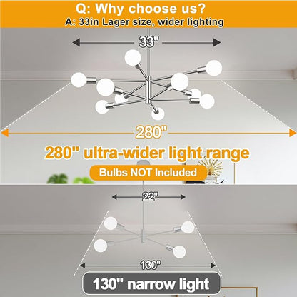 Sputnik Chandeliers Dining Room Light Fixture (10-Light, 32-Inch), Modern Brushed Nickel Chandelier, Height Adjustable Mid Century Modern Chandeliers for Living Room Entryway (Bulbs Not Included)