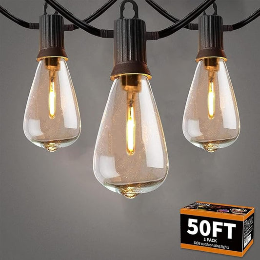 ZOTOYI Outdoor String Lights 50 FT, Waterproof IP65 Outside Light with 27 LED Plastic ST38 Edison Bulbs, Patio Hanging Lights for Backyard, Garden, Gazebo, Cafe Dimmable 2700K