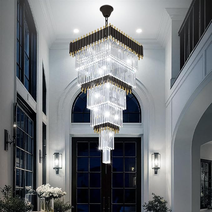 W24 x H80 Large Black Gold Chandeliers for High Ceiling, 15-Light Square Tiered K9 Crystal Raindrop Chandelier, Adjustable Height Luxury Pendant Light for Staircase, Villa Foyer, Entryway