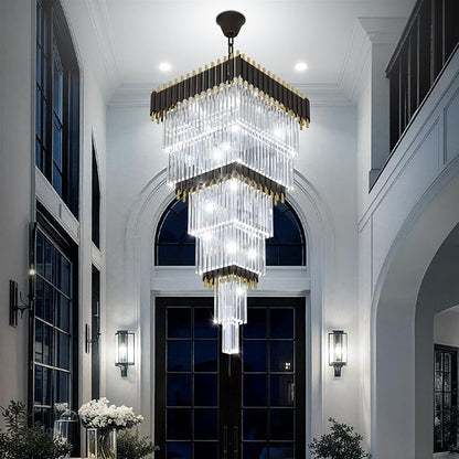 W24 x H80 Large Black Gold Chandeliers for High Ceiling, 15-Light Square Tiered K9 Crystal Raindrop Chandelier, Adjustable Height Luxury Pendant Light for Staircase, Villa Foyer, Entryway