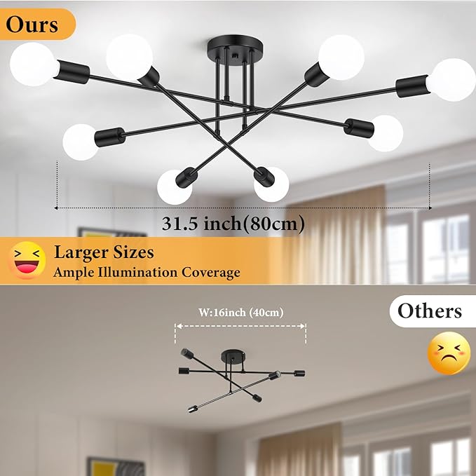 Modern Sputnik Chandelier 8-Light Industrial Ceiling Lights Fixture 32" Black Semi Flush Mount Ceiling Light with E26 Base Sputnik Lights Fixture for Dining Room Bedroom Foyer Hallway Living Room