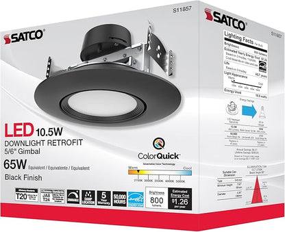 Satco LED Retrofit Gimbal Downlight, CCT Selectable 2700K/3000K/3500K/4000K/5000K, 5-6 Inches, Black Finish