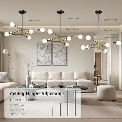 6-Light Black and Gold Mid Century Ceiling Chandelier Height Adjustable for Living Room, Kitchen, Dining Room, Bedroom,Foyer (Bulbs Not Included)