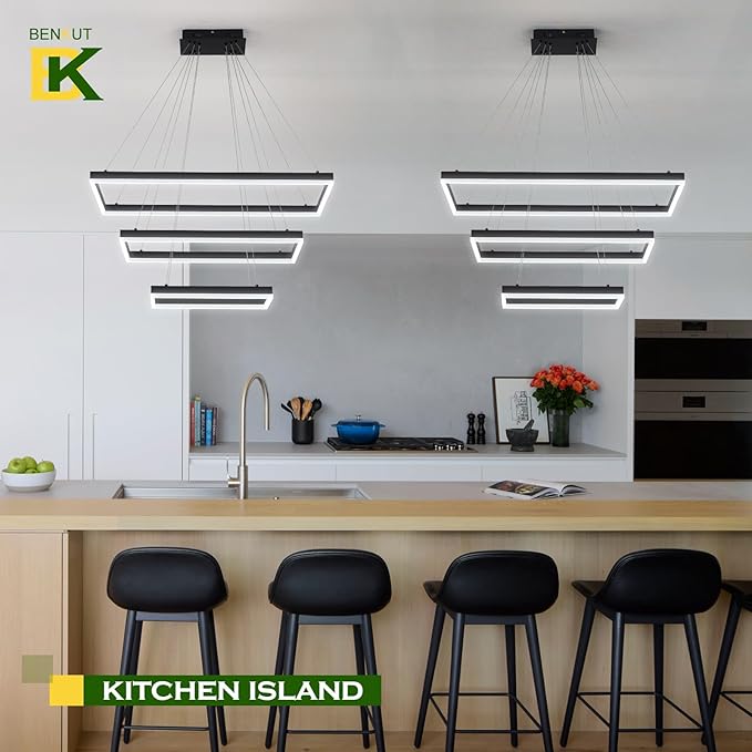 Benkut 3 Rings Modern LED Chandelier Black 31.5inch Rectangle Dimmable LED Pendant Light with Remote Control 3 Tier Flush Mount High Ceiling Light for Dining Living Room Foyer(3000K-6500K, H71)