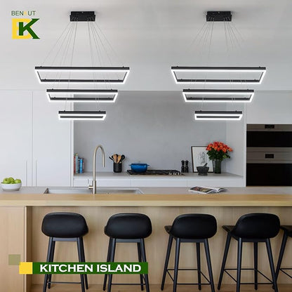 Benkut 3 Rings Modern LED Chandelier Black 31.5inch Rectangle Dimmable LED Pendant Light with Remote Control 3 Tier Flush Mount High Ceiling Light for Dining Living Room Foyer(3000K-6500K, H71)