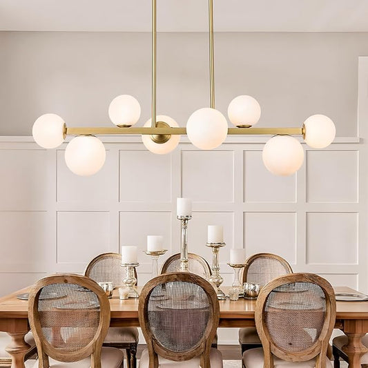 Jonsi Dining Room Light Fixture Over Table, Mid Century Chandeliers, Modern 8 Lights Globe Glass Linear Chandelier Adjustable Ceiling Hanging for Living Dining Room Kitchen Island, Gold