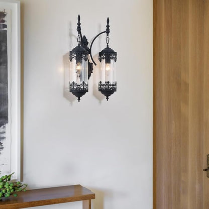 Rustic Glass Wall Sconce Vintage Antique Gothic Wall Light Fixture Retro Farmhouse Mid Centry Lantern Wall Sconce for Bedroom, Living Room, Mirror, Black