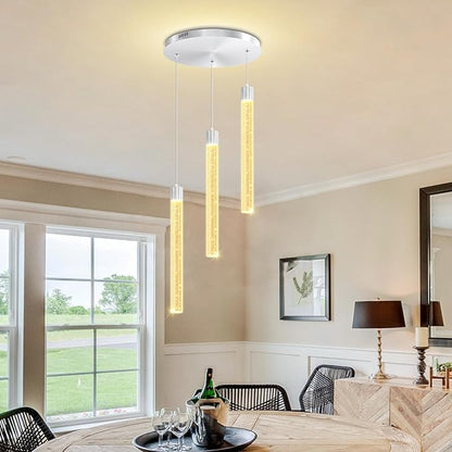 Modern Led Crystal Column Chandelier 3-Light Silver LED Pendant Light for Kitchen Island Foyer Entryway Dimmable Hanging Pendant Lighting 2700K-6000K