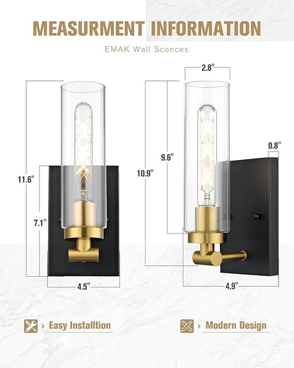 Emak Black and Gold Wall Sconces Set of Two, Modern Wall Sconce with Clear Glass Shade, Farmhouse 2 Light Bathroom Vanity Light for Living Room, Bedroom, Gallery, WS086-BKBGD-CG-2PK
