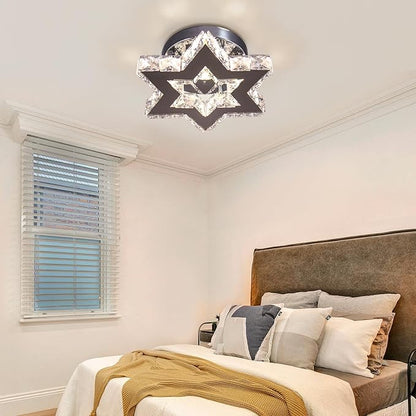 Mini LED Crystal Chandelier - Modern Dimmable Flush Mount Ceiling Light Fixture with Remote - Small Star Chandelier for Hallway, Foyer, Kitchen, Stair, Closet - 3 Colors Adjustable