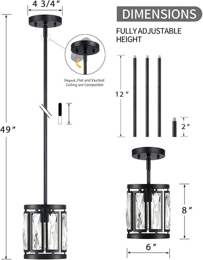 Crystal Pendant Lighting Fixture Matte Black Drum Shade Chandelier,3-Pack Pendant Lights for Kitchen Island Modern Ceiling Lights for Living Room
