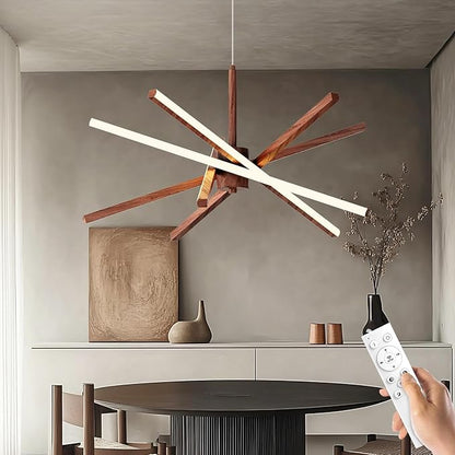 Modern Sputnik Chandelier Ceiling LED Black Pendant Light Embedded Mount Chandeliers Dining Room Light Fixtures Over Table Dimmable with Remote Control for Living Room Kitchen Bedroom (Wood Color)