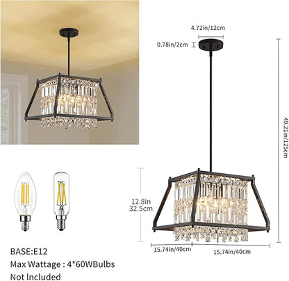 LMQNINE Farmhouse Chandelier - Black Metal Crystal Pendant Light for Kitchen, Dining, Living Room - Flat & Inclined Ceiling (Trapezoid -15.74in)