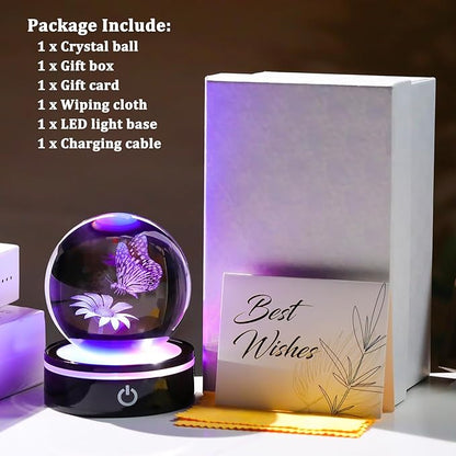 YWHL 3D Crystal Ball Butterfly and Flower Figurine with Colorful LED Base, Laser Butterfly Gifts for Women Men on Christmas Birthday, Crystal Ball Butterfly Decor Night Light for Home Decor (80mm)