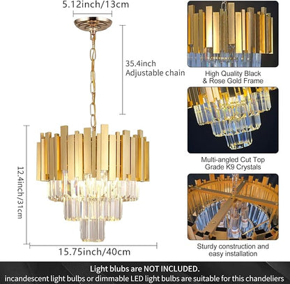 Gold Luxury Crystal Chandelier Modern Hanging Chandelier Light,E12*5-Light Adjustable Chain Pendant Light Fixture for Dining Room Living Room Foyer Bedroom W15.7in