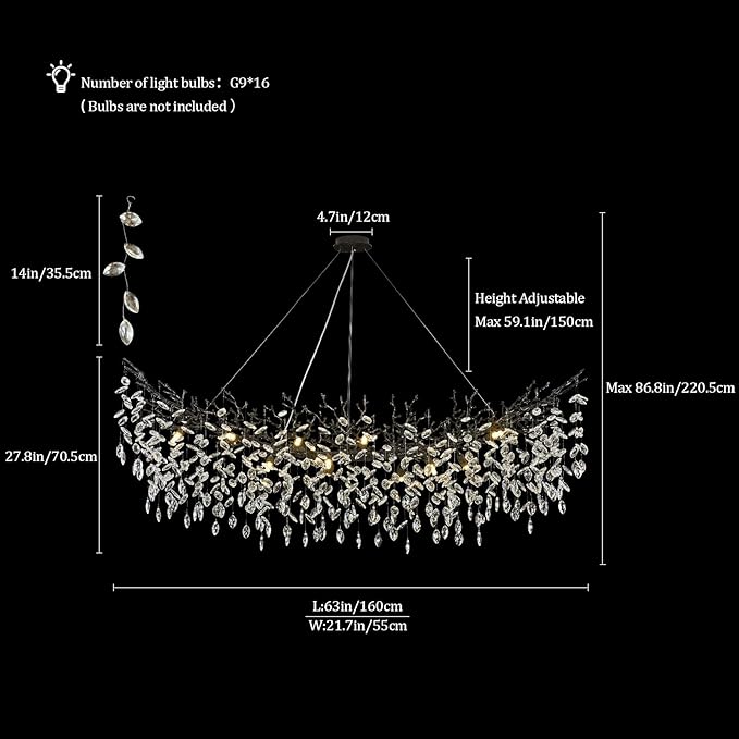 Crystal Chandeliers for Dining Room,63" Black Farmhouse Raindrop Chandelier Large Unique Adjustable Tree Branch Industrial Rectangle Chandelier for Living Room, Bedroom, Entryway (16-Light)