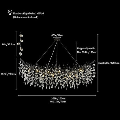 Crystal Chandeliers for Dining Room,63" Black Farmhouse Raindrop Chandelier Large Unique Adjustable Tree Branch Industrial Rectangle Chandelier for Living Room, Bedroom, Entryway (16-Light)