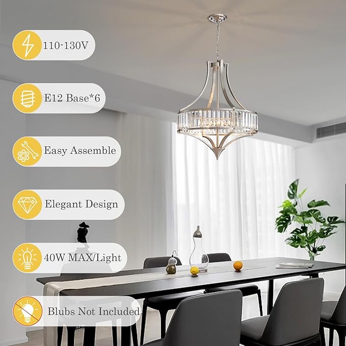 Brushed Nickel Chandeliers for Dining Room, 22 Inch Crystal Light Fixture 6-Light Modern Round Large Chandeliers for Kitchen Hallway Bedroom Foyer Hall Adjustable Height Hanging Light