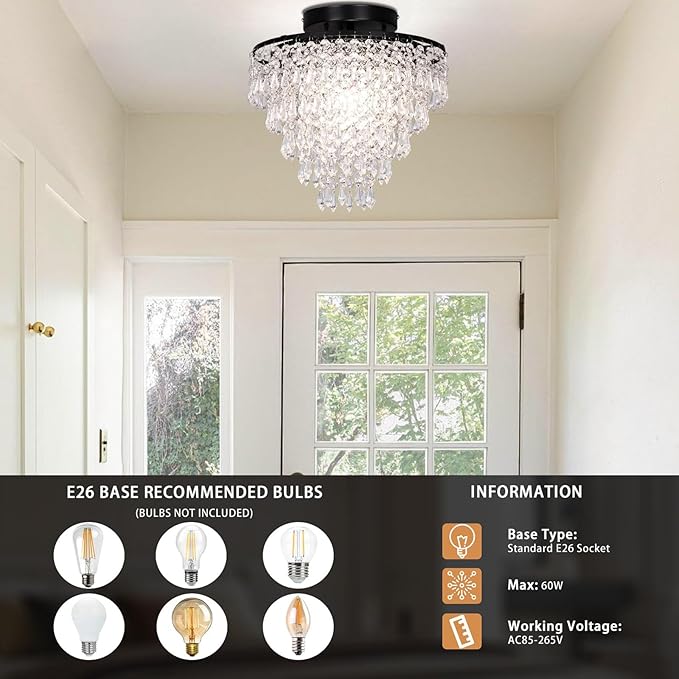 FRIXCHUR 11.8" Small Crystal Chandelier Light Fixture Mini Crystal Ceiling Light 5 Tiers Raindrops Black Chandeliers for Bedroom Hallway Closet, E26 Base