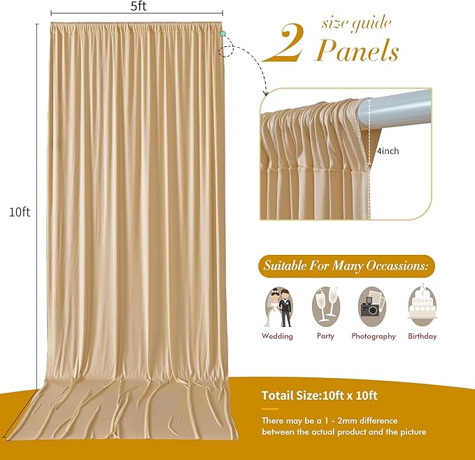 10 ft x 10 ft Wrinkle Free Champagne Backdrop Curtain for Parties, 2 Panels 10ft Polyester Champagne Photo Backdrop Drapes for Graduation Birthday Wedding Party Stage Curtains
