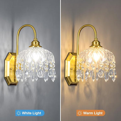 1-Pack Vintage Wall Sconce,Glass Crystal Wall Sconce,Matte Brushed Antique Brass Finish for Bedroom Bathroom Hallway Living Room Decor