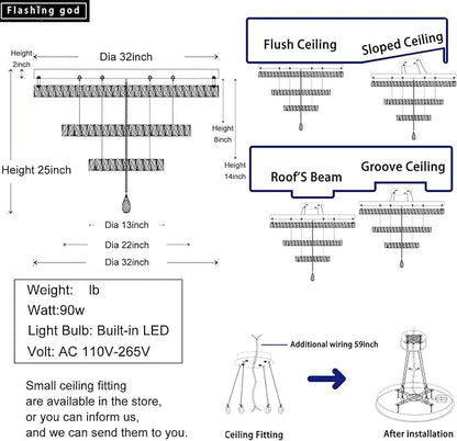 Flashing God Dia 32'' Modern Chandeliers for Living Room Crystal Flush Mount Ceiling Chandelier Large Chandeliers for Dining Room Bedroom LED Dimmable 3000-6000K Gold