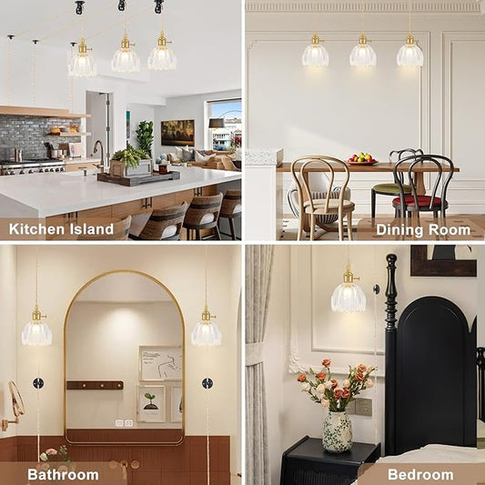 2 Pack Plug in Pendant Light Fixtures, Hanging Light Fixture Vintage Glass Pendant Light, Mini Transparent Tulip Hanging Lamp, Pendant Lighting for Kitchen Island, Bedroom, Dining Room, Living Room