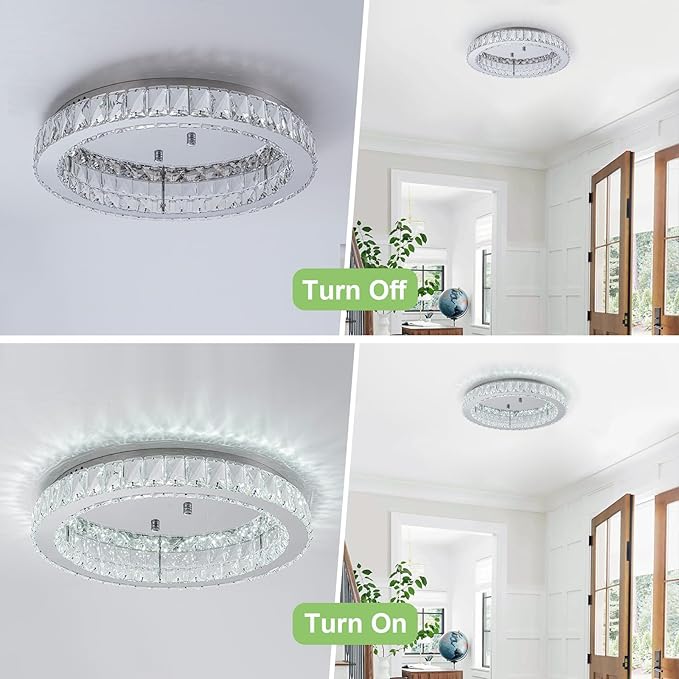 HOPGGIE 18" Crystal Chandelier with Remote Control LED Flush Mount Ceiling Light Fixtures Modern Round Ring Chandelier Light for Living Room Bedroom Dining Room (dimmable)