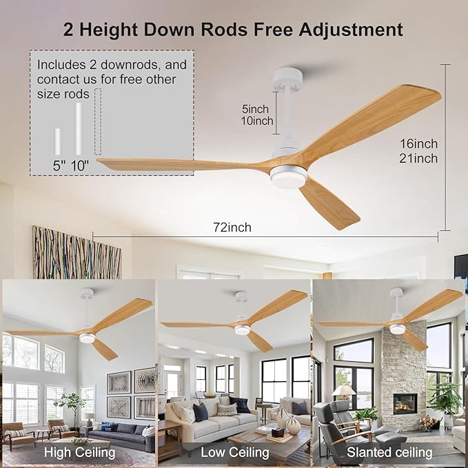 72 Inch Ceiling Fans with Lights and Remote, 3 Blades Wood Large Ceiling Fan, White Ceiling Fan with Light for Living Room Basement Sunroom Porch Patio, 6-Speed Remote Control
