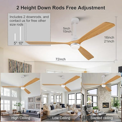72 Inch Ceiling Fans with Lights and Remote, 3 Blades Wood Large Ceiling Fan, White Ceiling Fan with Light for Living Room Basement Sunroom Porch Patio, 6-Speed Remote Control