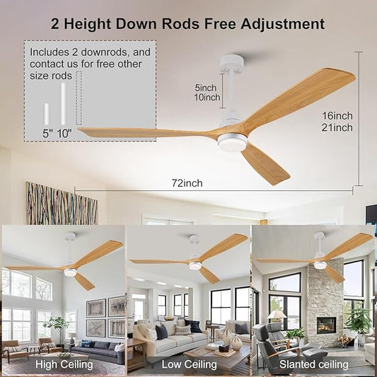 72 Inch Ceiling Fans with Lights and Remote, 3 Blades Wood Large Ceiling Fan, White Ceiling Fan with Light for Living Room Basement Sunroom Porch Patio, 6-Speed Remote Control
