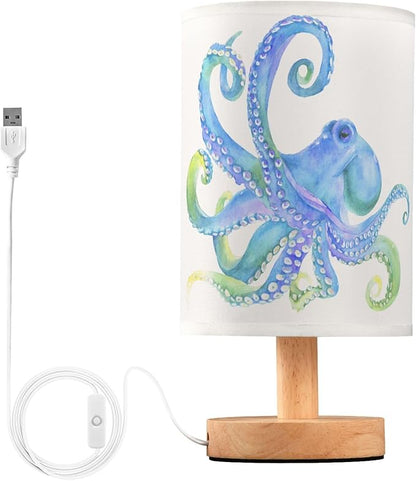 Watercolor Octopus with Tentacle Blue Purple Pastel Color Table Lamp with Wood Base Fabric Lamp Shade Bedside Nightstand Desk Lamp for Living Room Bedroom Kids Room Office